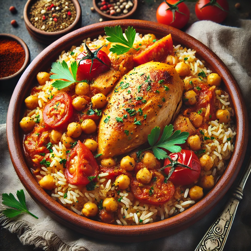 Poulet à l'Espagnole avec Riz et Pois Chiches