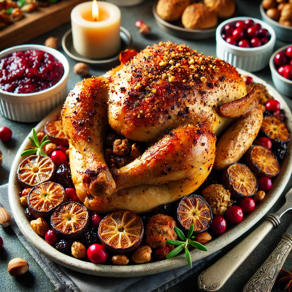 Poulet farci aux fruits secs et épices de Noël