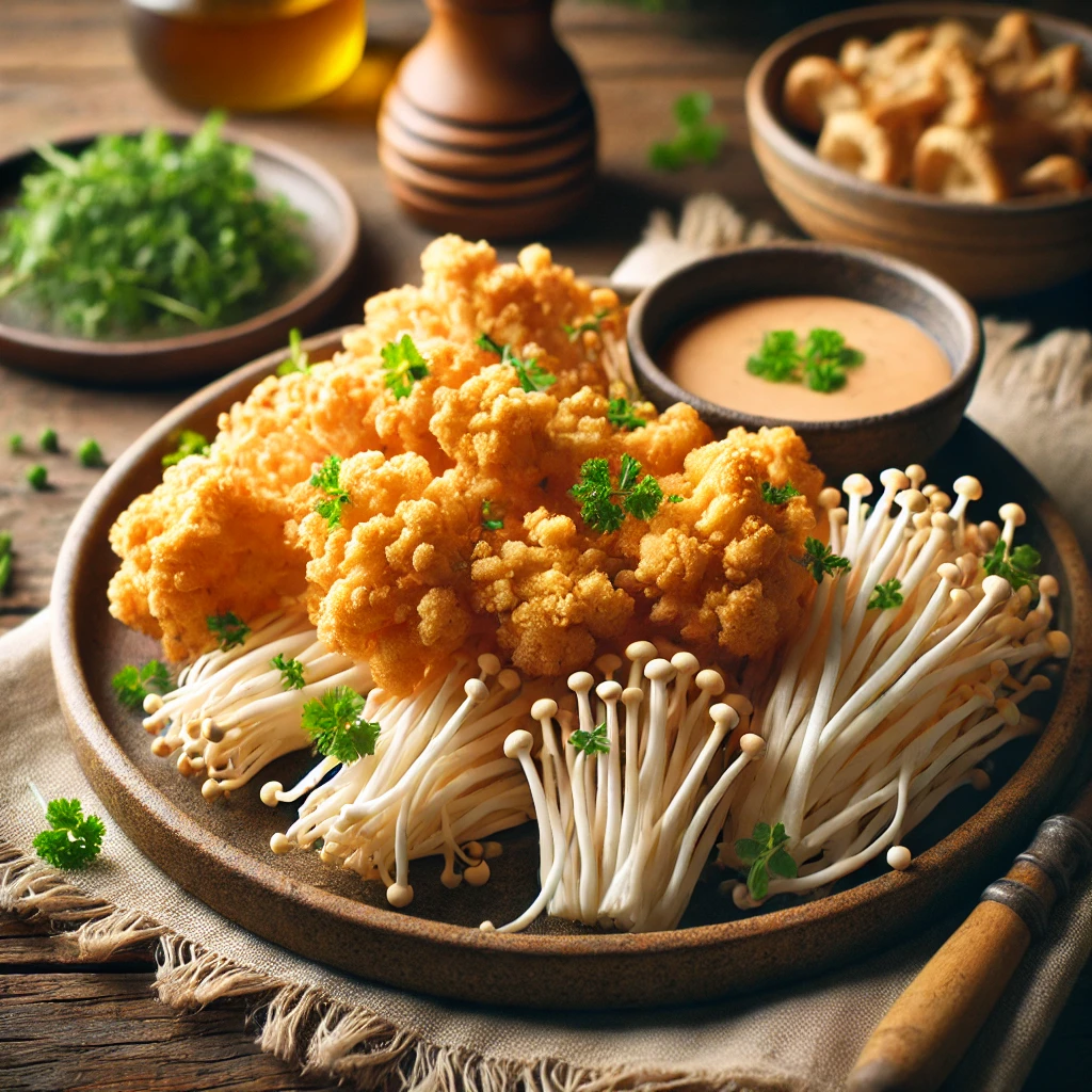 Poulet Frit Vegan aux Champignons Enoki